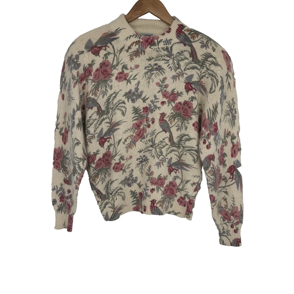 Vintage De Rothchild Womens Angora Silk Sweater M‎ Floral Bird Cottagecore Twee